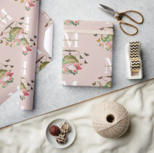 Papel De Regalo Fiesta de Tetera Floral Rosa y Mariposas Monograma