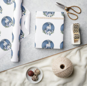 Papel De Regalo Fiesta del Solsticio de Invierno Ciervo Azul Blanc