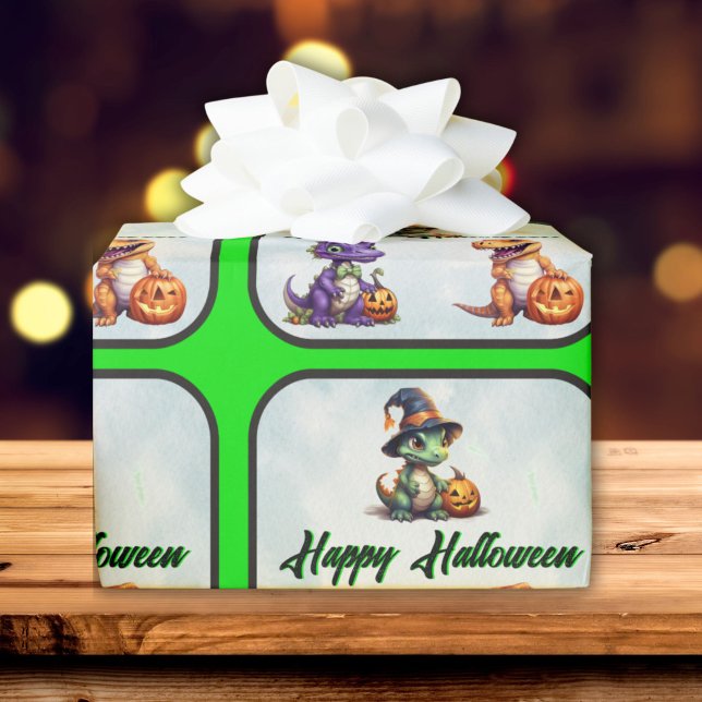 Papel De Regalo Fiesta Dino-Mash de los dinosaurios de Halloween (Halloween Dino Wrapping Paper with green trim and font)