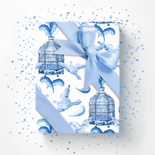 Papel De Regalo Fiesta Emplumada en Porcelana Azul