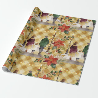 Papel De Regalo Fiesta Familiar Rústica Cuadrícula Dorada Acuarela