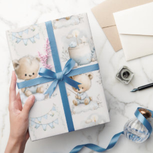 Papel De Regalo fiesta infantil con oso de peluche y tarta