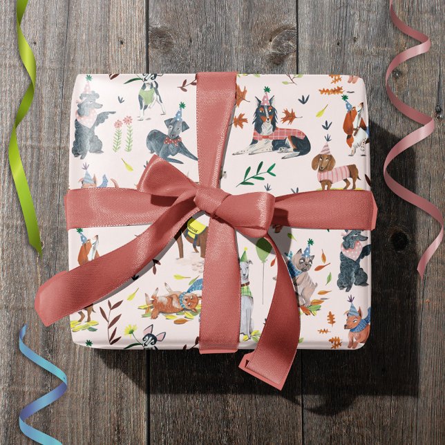 Papel De Regalo Fiesta por el cumpleaños de Pawty Puppy (Lets Pawty Pink Dog Puppy Birthday Party Wrapping Paper)