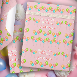 Papel De Regalo Fiesta Rosa Globos Niños Feliz Cumpleaños