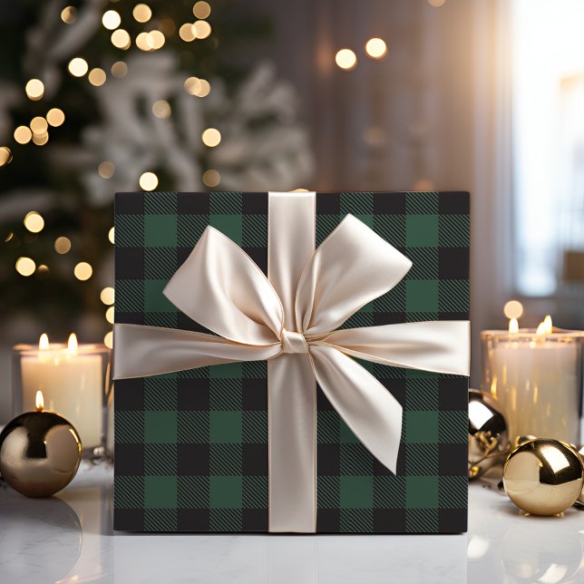 Papel De Regalo Fiesta Rusa Verde y Búfalo Negro (Rustic Green & Black Buffalo Plaid Holiday Wrapping Paper)