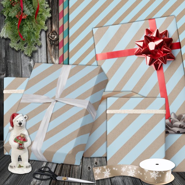 Papel De Regalo Fiesta Rústica de banda ancha azul turbulenta de l (Rustic Kraft Light Dusty Blue Wide Stripe Holiday Wrapping Paper In 6 & 15 foot rolls of 30" width)