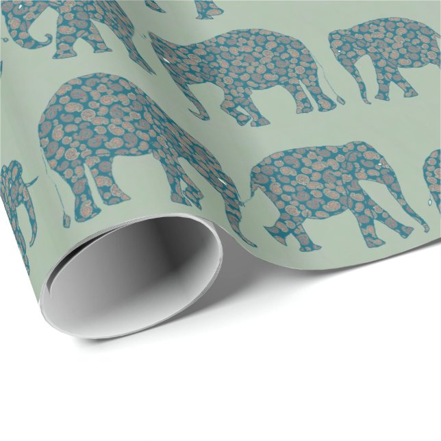 Papel De Regalo Filas de elefantes de Paisley en una bofetada verd (Esquina del rollo)