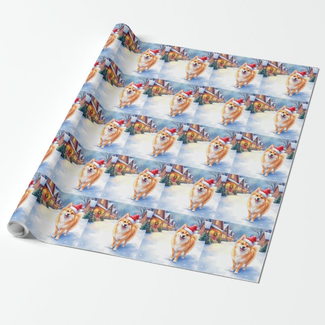 Papel De Regalo Finnish Lapphund Snowy Village Santa Hat Christmas (Desenrollado)