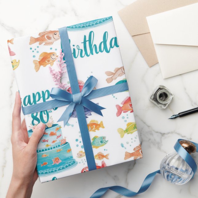 Papel De Regalo Fishing Lover 80th Birthday Watercolor  (Regalar)