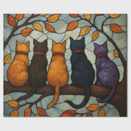 Papel De Regalo Five Cats on a Tree Branch Stained Glass Style