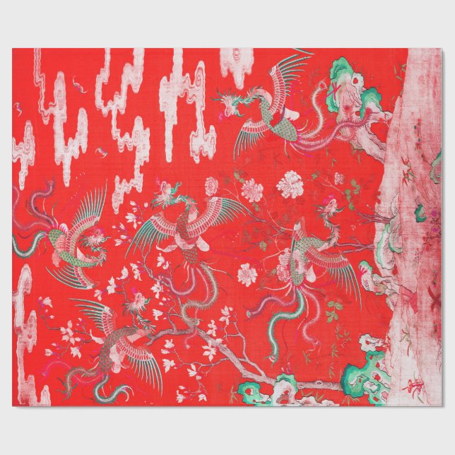 Papel De Regalo Five Phoenixes in Garden Chinese Red Floral  (Superficie plana)