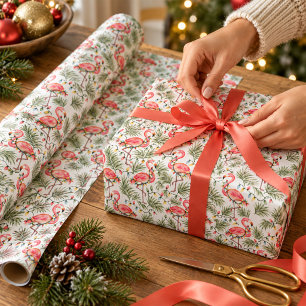 Papel De Regalo Flamenco Rosa Navideño Tropical Acuarela Palmeras