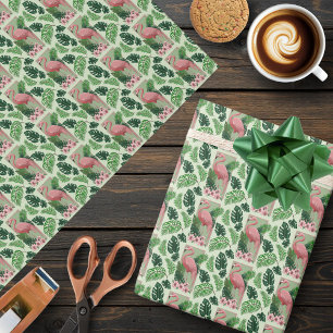 Papel De Regalo Flamenco Rosa Tropical Hojas de Palma Verde Lirio