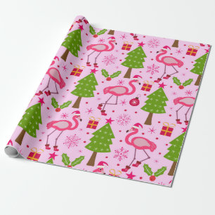 Papel De Regalo Flamenco Tropical de Navidad con Pino en Rosa