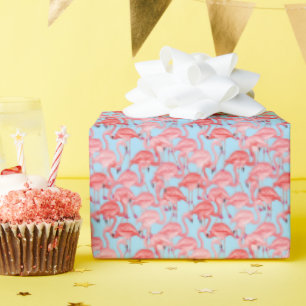 Papel De Regalo Flamencos De Color Rosa Brillante En Azul