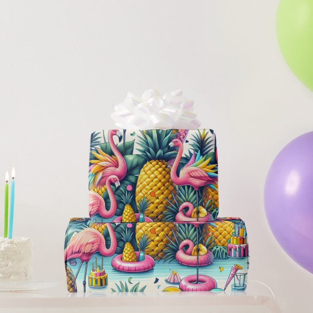 Papel De Regalo Flamencos Fiestas tropicales, piña y globos (Regalos de fiesta)