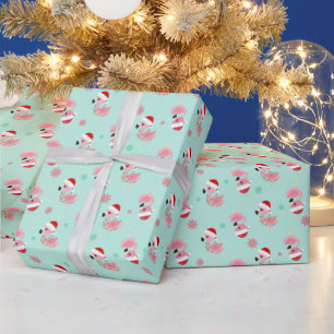 Papel De Regalo Flamencos Navideños Festivos con Gorros de Santa e