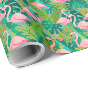 Papel De Regalo Flamencos rosados tropicales follaje de la selva