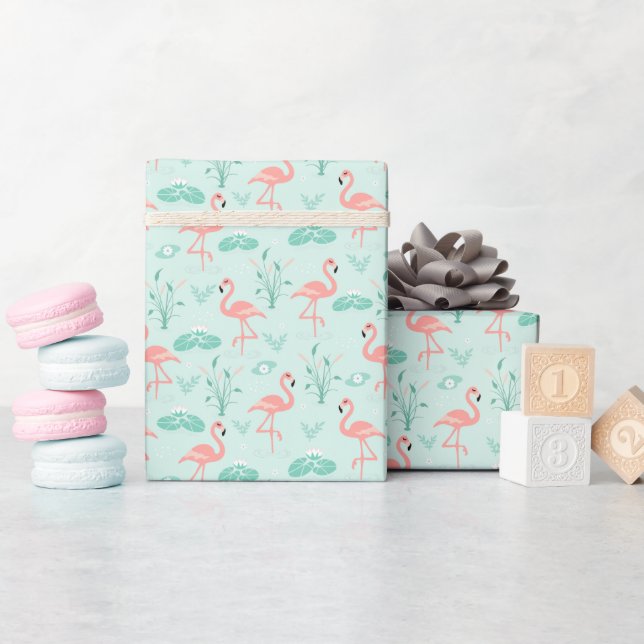 Papel De Regalo Flamencos Rosados Verdes Aves Tropicales (Baby Shower)