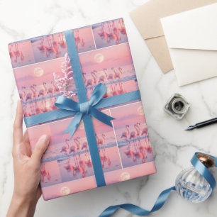 Papel De Regalo Flamencos rosas en una playa rosa