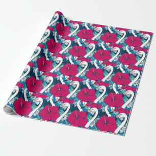 Papel De Regalo Flamencos tropicales: fondo de Hibiscus Plumeria.