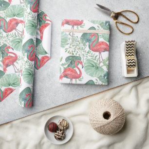Papel De Regalo Flamencos y hojas rosadas.