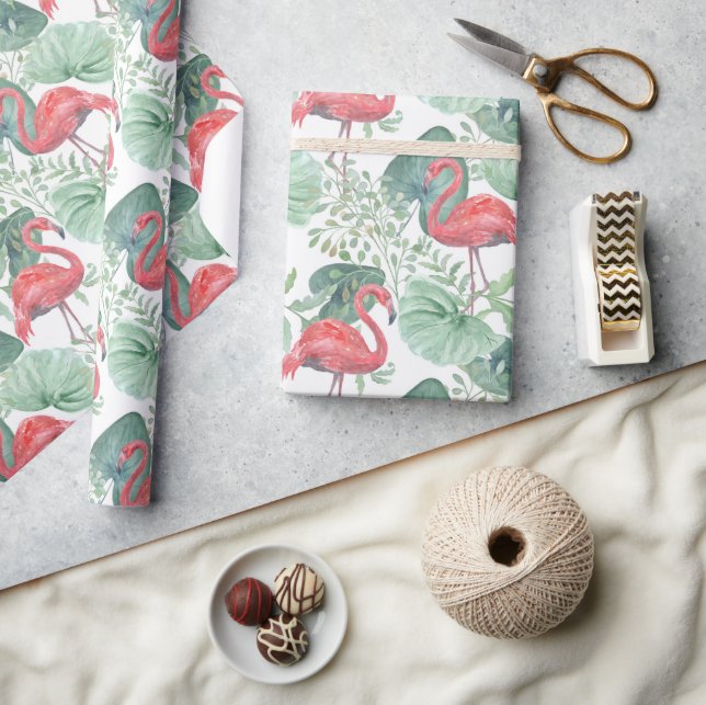 Papel De Regalo Flamencos y hojas rosadas. (Artesanía)