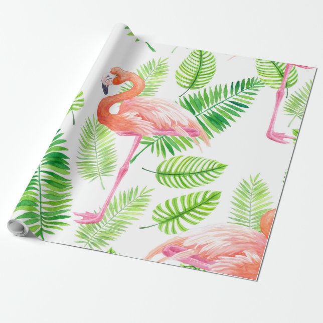 Papel De Regalo Flamencos y hojas tropicales (Desenrollado)