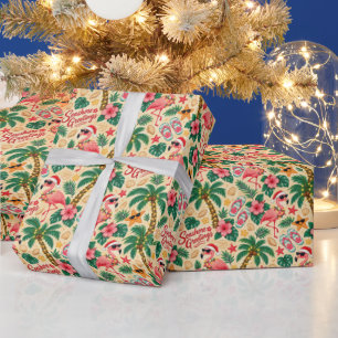 Papel De Regalo Flamencos y Palmeras Navideñas Tropicales
