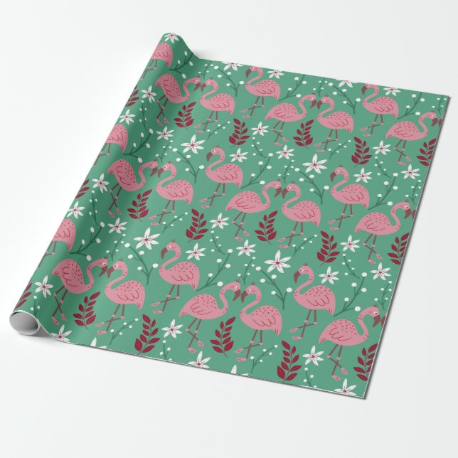 Papel De Regalo Flamingo floral sin soldadura patrón rosa verde (Desenrollado)