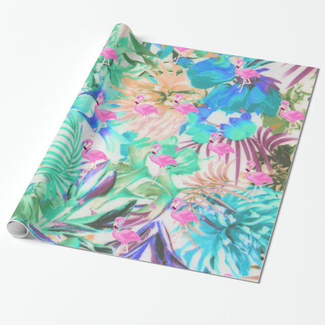 Papel De Regalo Flamingo floral verde azulado rosa tropical modern (Desenrollado)