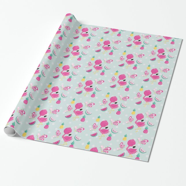 Papel De Regalo Flamingo rosa con sandía y piña (Desenrollado)