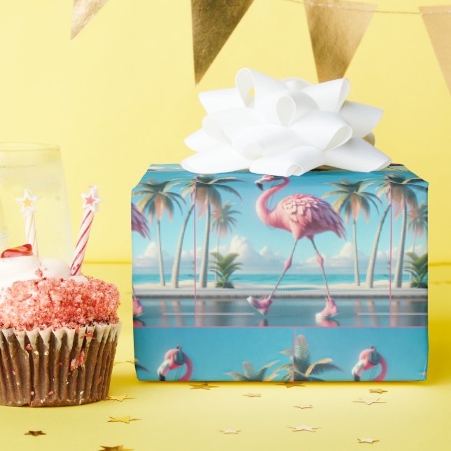 Papel De Regalo Flamingo rosa con zapatillas y audífonos (Fiesta de cumpleaños )