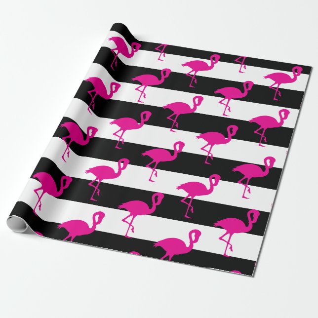 Papel De Regalo Flamingo rosa rayado negro y blanco (Desenrollado)