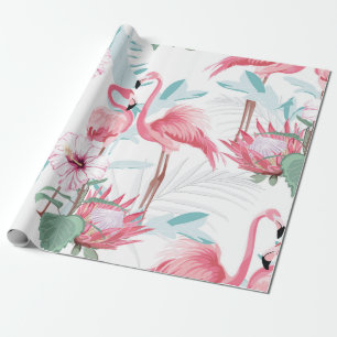Papel De Regalo Flamingo rosa y flores exóticas, hojas de palma, w