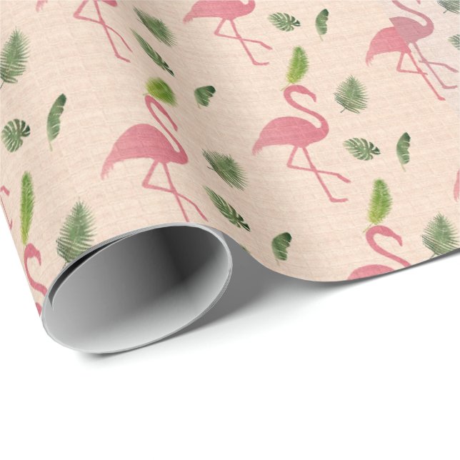 Papel De Regalo Flamingo rosa y hojas de palma (Esquina del rollo)