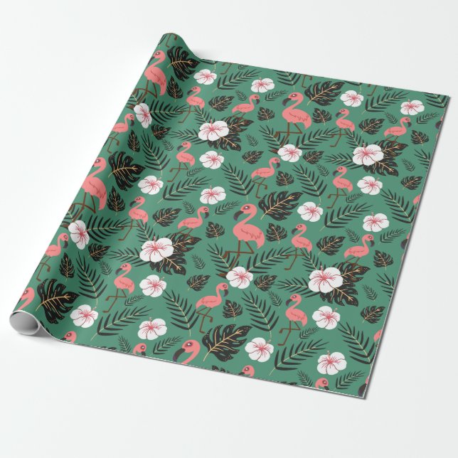 Papel De Regalo Flamingo seamless pattern pink on green background (Desenrollado)