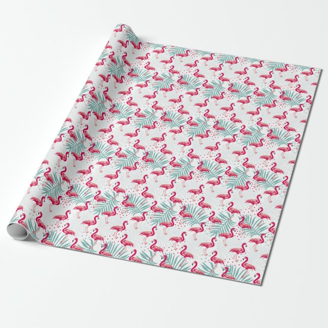 Papel De Regalo Flamingo y hojas tropicales, patrón de verano. (Desenrollado)