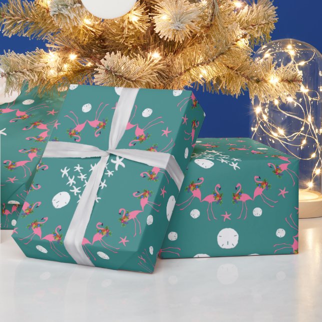 Papel De Regalo Flamingos Beach Christmas Tree Blue Gift Wrap (Vacaciones)