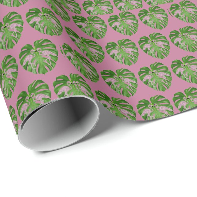Papel De Regalo Flamingos rosados Flamingo Monstera (Esquina del rollo)