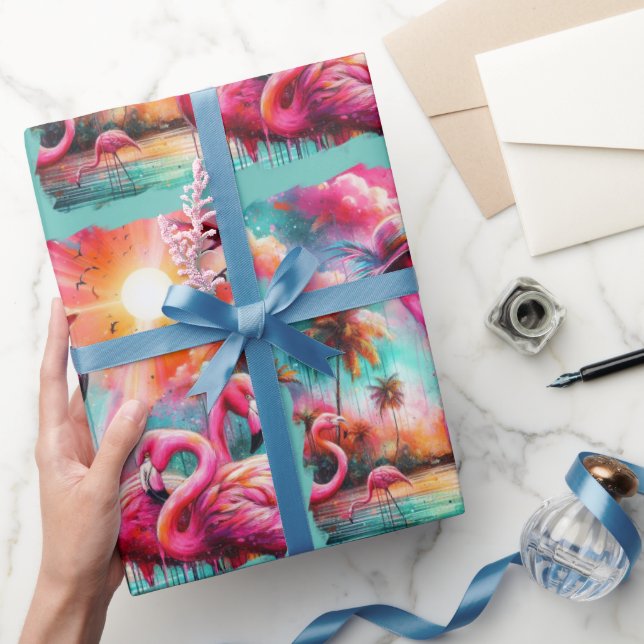 Papel De Regalo Flamingos rosados tropicales Palmeras Agua Verde a (Regalar)