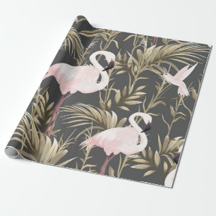 Papel De Regalo Flamingos rosas y plantas doradas patrón sin fisur
