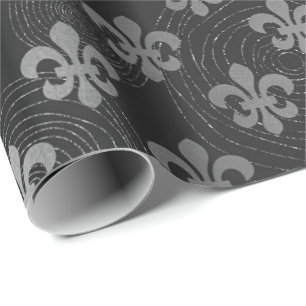 Papel De Regalo Fleur de Lis Círculos Gris Negro Plata Metálica