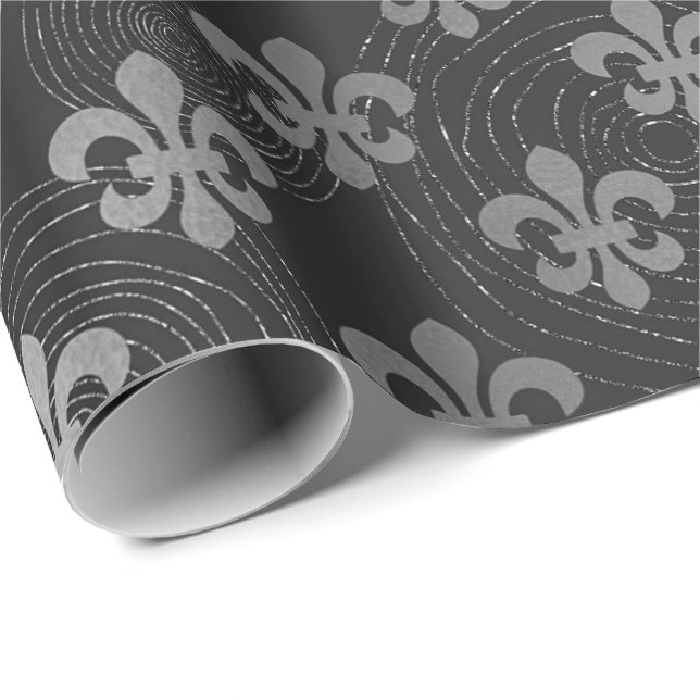 Papel De Regalo Fleur de Lis Círculos Gris Negro Plata Metálica (Esquina del rollo)