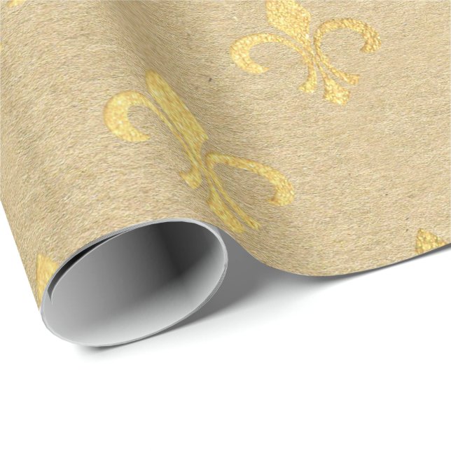 Papel De Regalo Fleur de Lis Kraft Gold Natural Royal Minimal (Esquina del rollo)