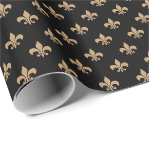 Papel De Regalo Fleur-de-lis marrón camello sobre negro