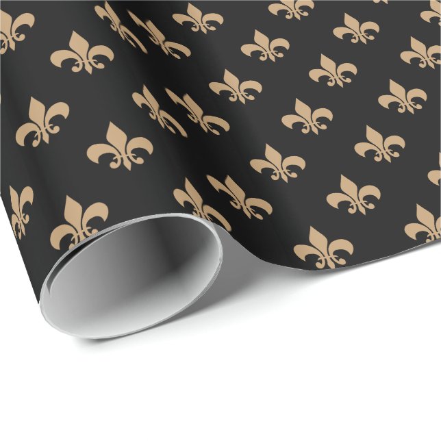 Papel De Regalo Fleur-de-lis marrón camello sobre negro (Esquina del rollo)