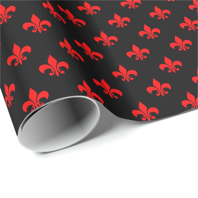 Papel De Regalo Fleur-de-lis Roja sobre Negro (Esquina del rollo)