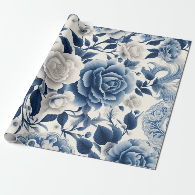 Papel De Regalo Fleurs bleue et blanches (Desenrollado)