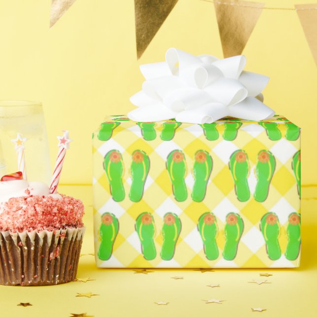 Papel De Regalo Flip-flops verdes en Gingham (Fiesta de cumpleaños )